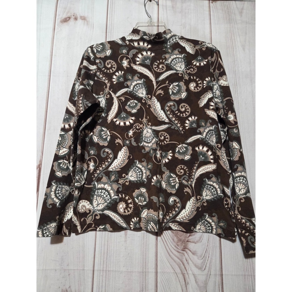 Kim Rogers Womens Brown Paisley Floral Mock Neck 100% Cotton Top Size Medium